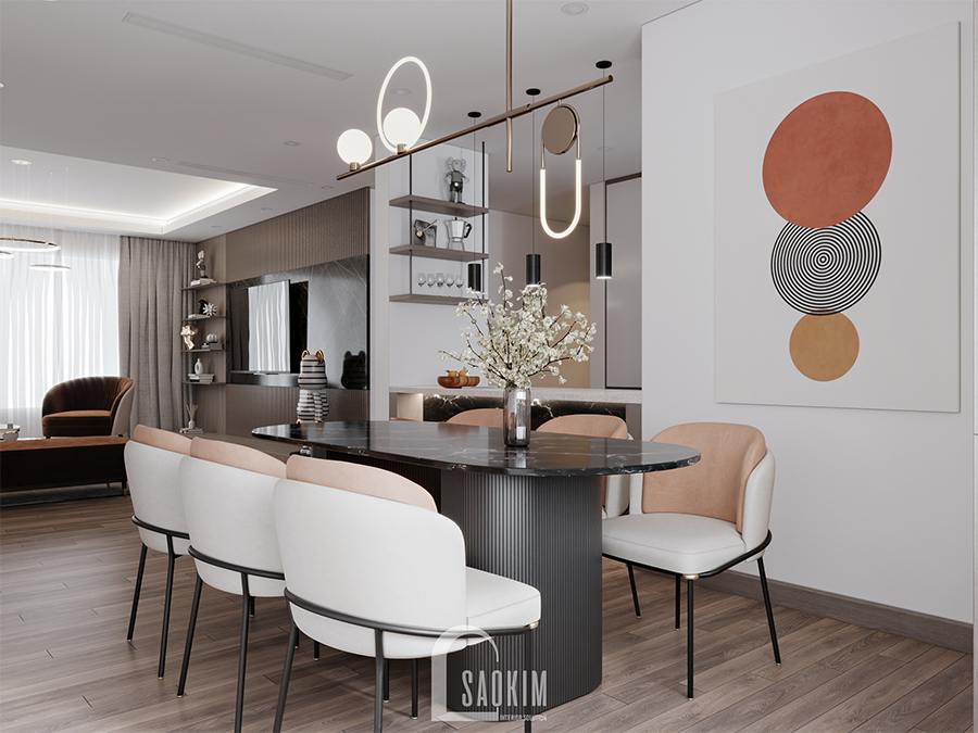 Thiết kế phòng ăn chung cư phong cách hiện đại Huyndai Hillstate đẹp cuốn hút với điểm nhấn màu sắc