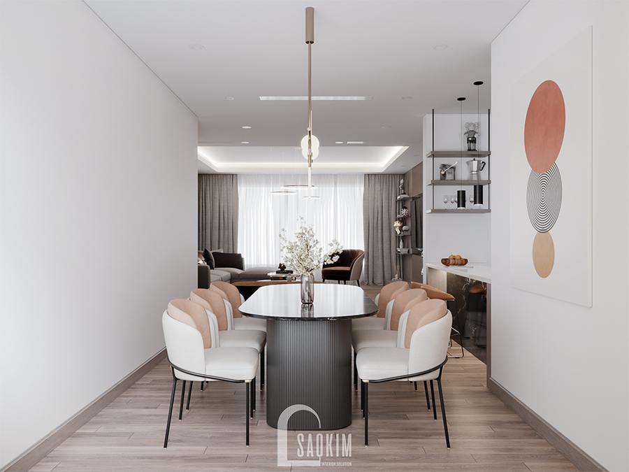 Thiết kế phòng ăn chung cư phong cách hiện đại Huyndai Hillstate là sự kết hợp của gam màu trắng, đen, cam