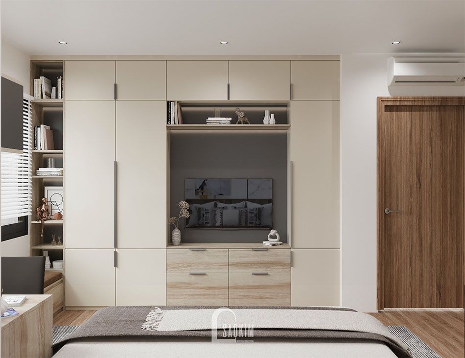 Phần vách cuối giường tận dụng bố trí thêm hệ tủ đa năng