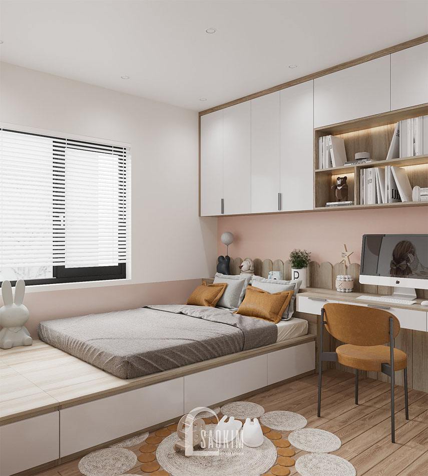 Gam màu nhẹ nhàng như trắng, màu gỗ sáng, hồng mang đến vẻ đẹp nhẹ nhàng, nữ tính cho phòng ngủ bé gái
