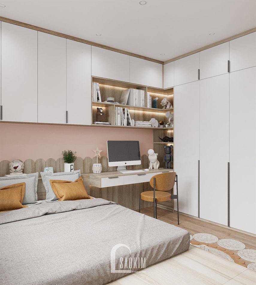 Hệ tủ lớn được bố trí cho phòng ngủ bé gái