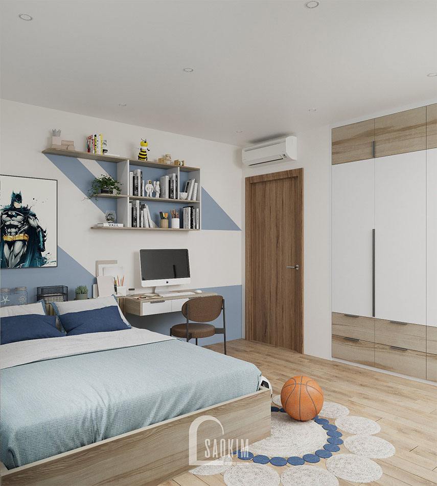 Một bàn học treo thiết kế cá tính được lựa chọn cho thiết kế phòng ngủ của bé trai