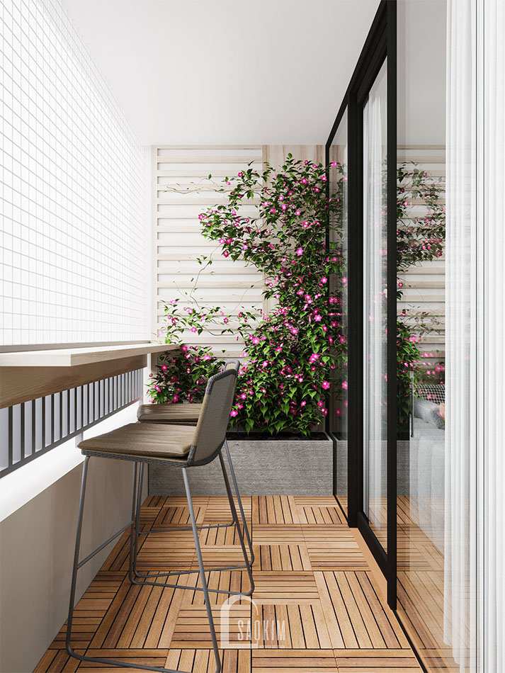 Một bộ bàn ghế bar được bố trí tại logia làm nơi thư giãn