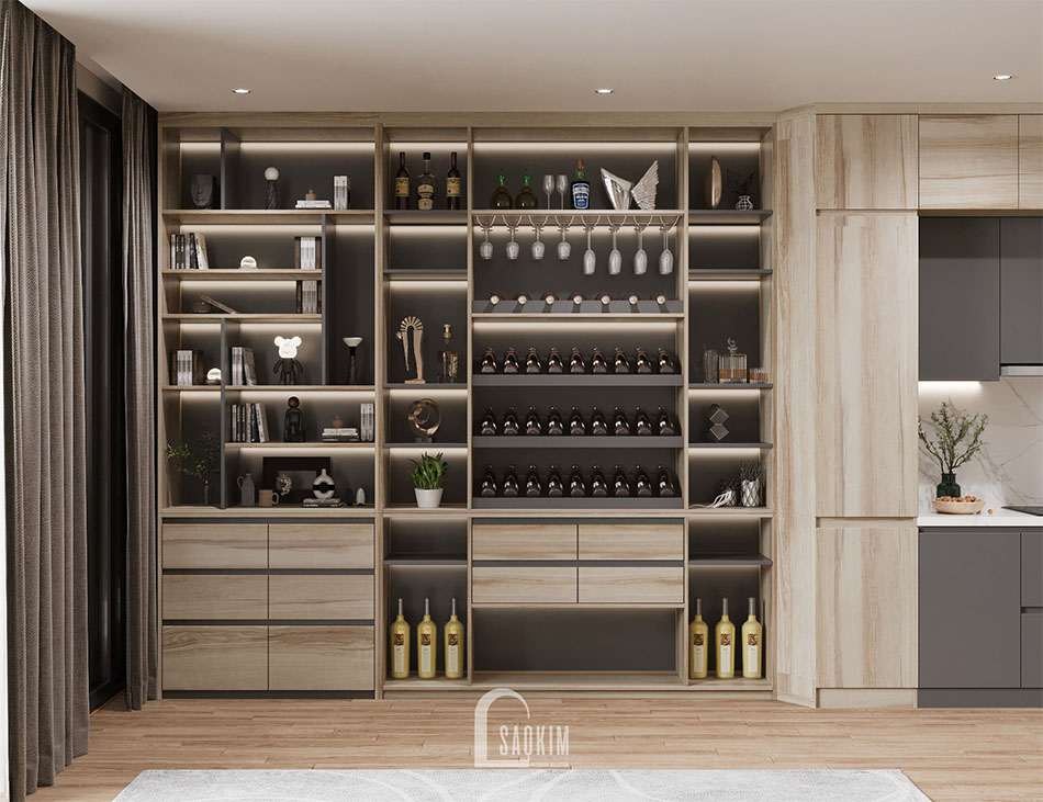 Thiết kế hệ tủ rượu lớn đặt ngay sau ghế sofa phòng khách