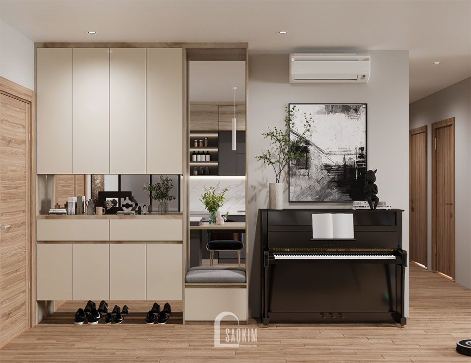 Thiết kế nội thất hành lang chung cư 120m2 Packexim Tây Hồ bố trí tủ giày lớn và đàn