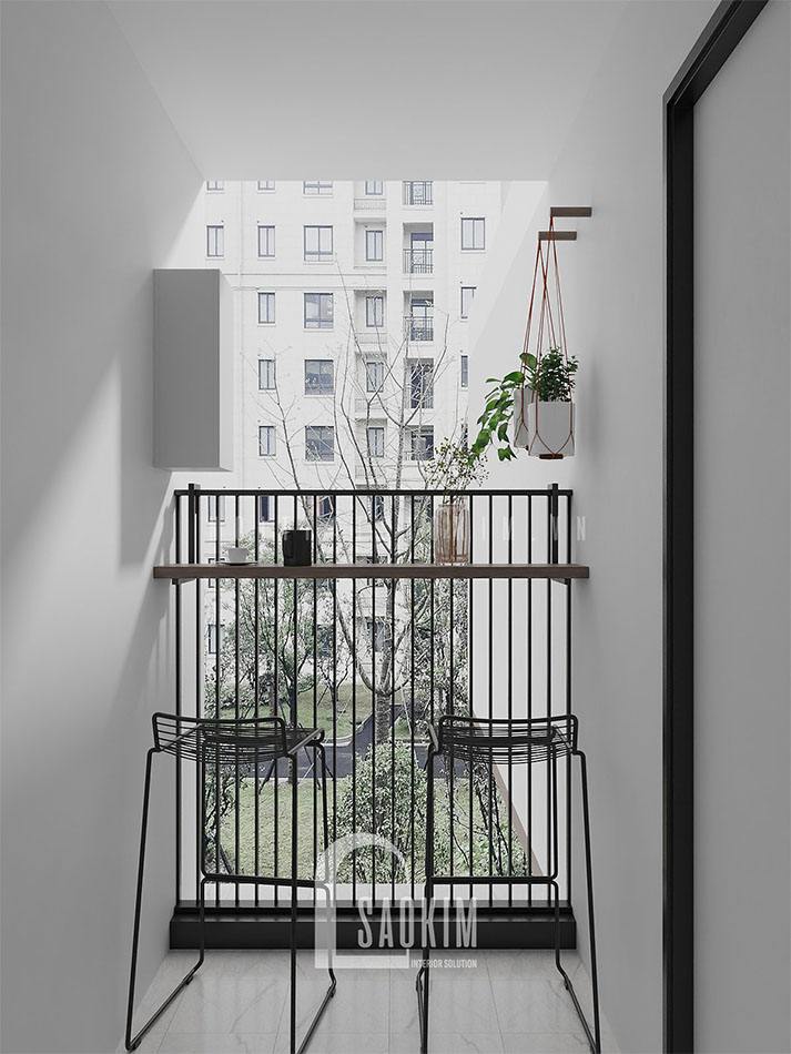 Thiết kế nội thất logia chung cư Lotus Central bố trí bộ bàn ghế bar cho các thành viên thư giãn