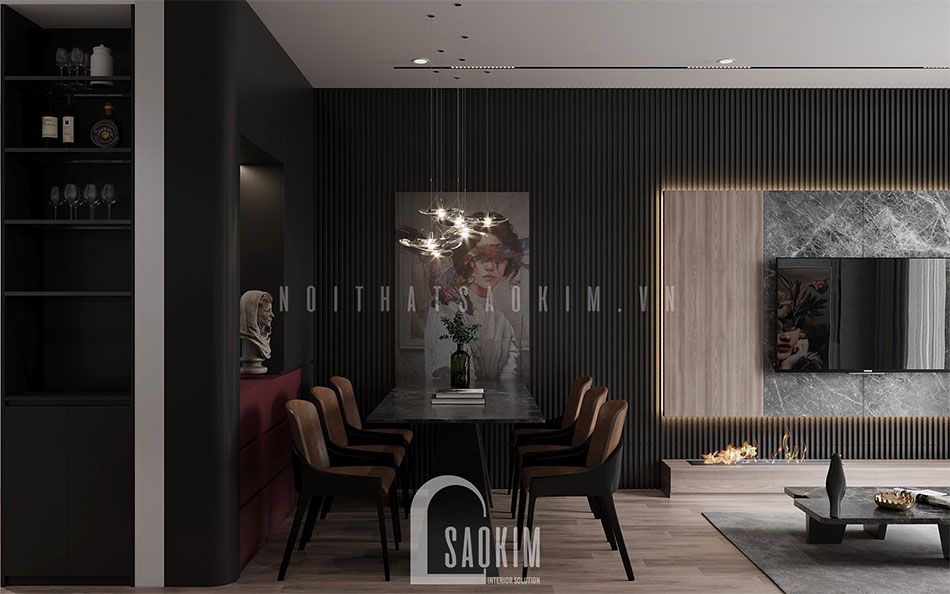 Thiết kế nội thất phòng ăn chung cư 54m2 Lotus Central phong cách hiện đại kết hợp gam màu đen, xám và đỏ mận