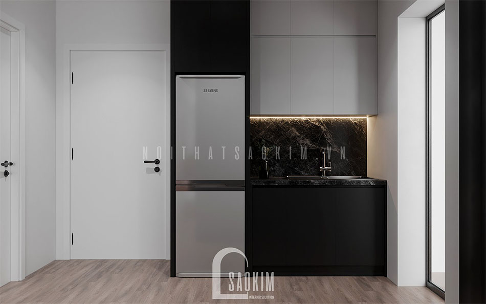 Thiết kế nội thất phòng bếp ốp đá cho bàn và tường bếp