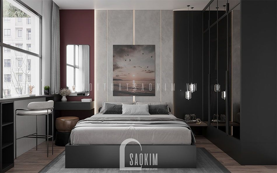 Thiết kế nội thất phòng ngủ master chung cư 54m2 Lotus Central Bắc Ninh đẹp sang trọng, thời thượng gam màu xám và đỏ mận