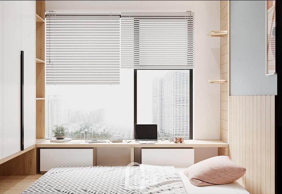 Thiết kế nội thất phòng ngủ chung cư cho hai bé - Moon Tower Tây Hồ Residence bố trí bàn đọc sách nhỏ cạnh cửa sổ