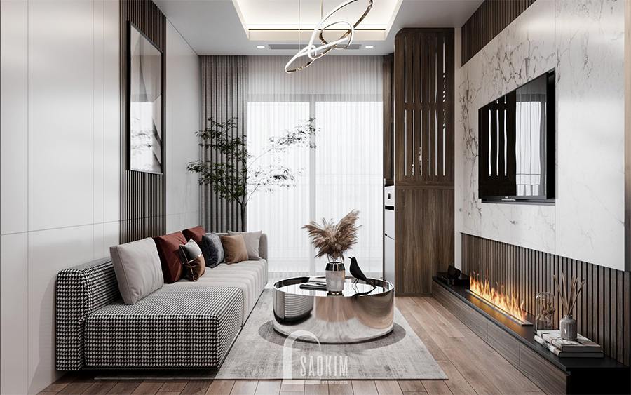 Thiết kế nội thất phòng khách chung cư 85m2 2 phòng ngủ Moon Tower Tây Hồ Residence theo phong cách hiện đại