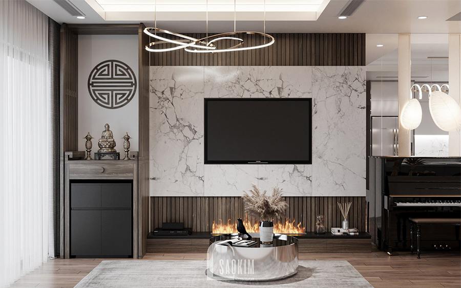 Thiết kế nội thất phòng khách chung cư 85m2 2 phòng ngủ Moon Tower Tây Hồ Residence mang vẻ đẹp hiện đại, sang trọng