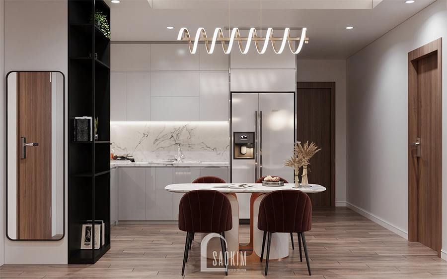 Thiết kế nội thất phòng bếp ăn chung cư 85m2 Moon Tower Tây Hồ Residence với gam màu trắng làm chủ đạo