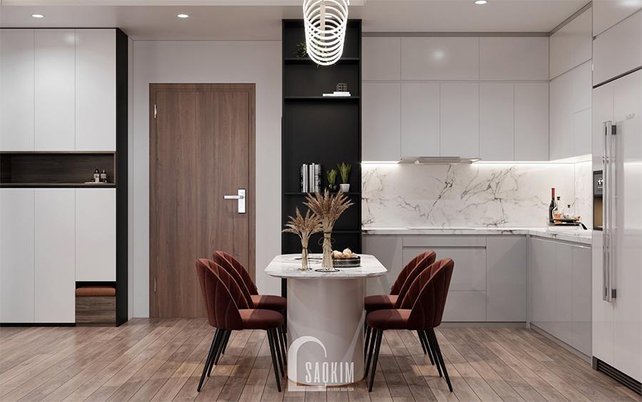 Thiết kế nội thất phòng bếp ăn chung cư 85m2 Moon Tower Tây Hồ Residence với điểm nhấn là bộ ghế ăn đỏ đô