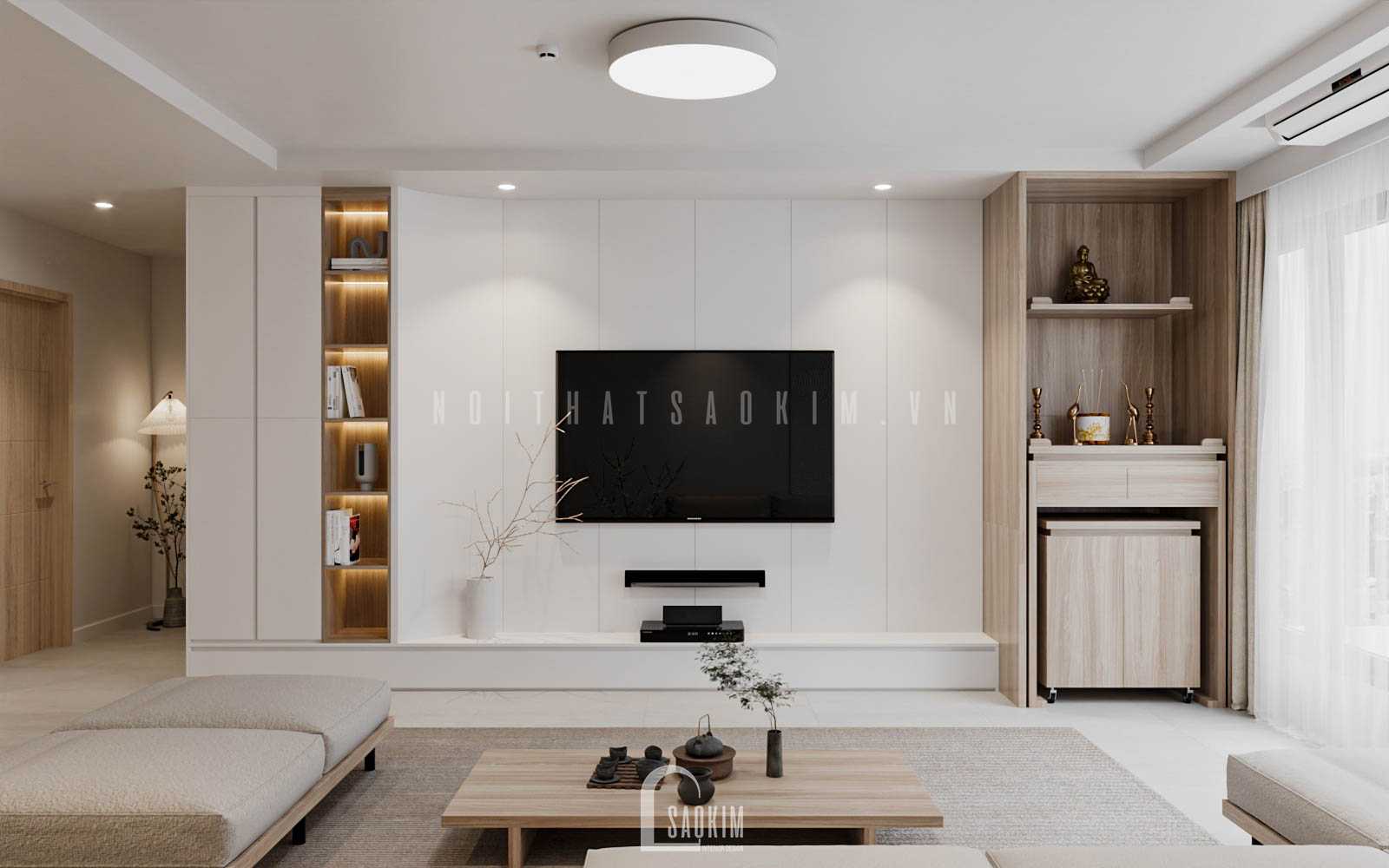 Thiết kế nội thất không gian phòng khách với gam màu nhẹ nhàng, trẻ trung