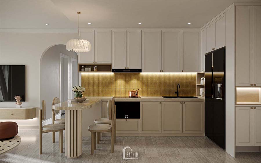 Thiết kế nội thất phòng bếp chung cư phong cách Korean Chic dự án Vinhomes Ocean Park