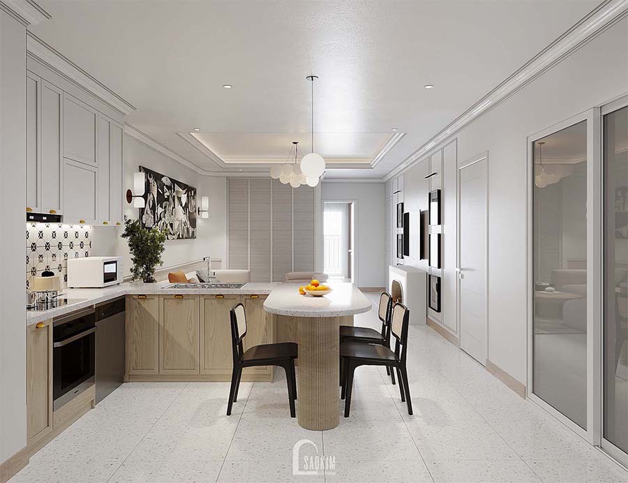 Thiết kế nội thất phòng bếp chung cư Royal City mang vẻ đẹp thanh lịch, trang nhã của phong cách Scandinavian Farmhouse