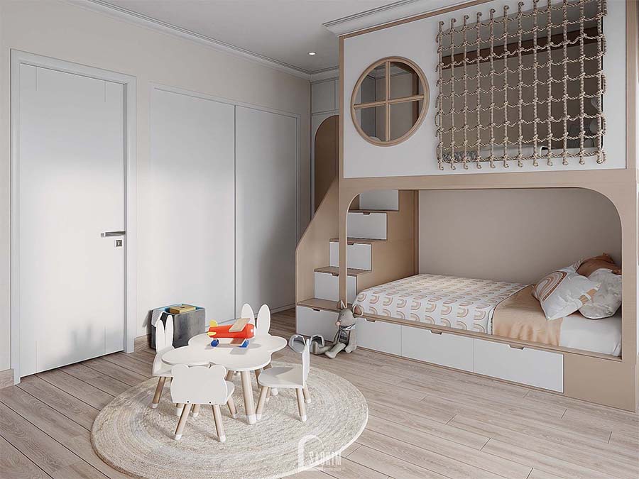 Thiết kế nội thất phòng ngủ cho bé chung cư Royal City với hệ giường tầng xinh xắn, an toàn 