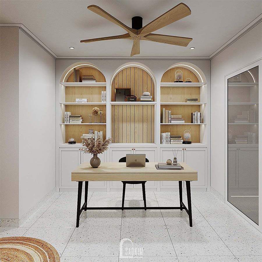 Thiết kế nội thất phòng làm việc tại nhà chung cư Royal City mang vẻ đẹp thanh lịch, trang nhã của phong cách Scandinavian Farmhouse