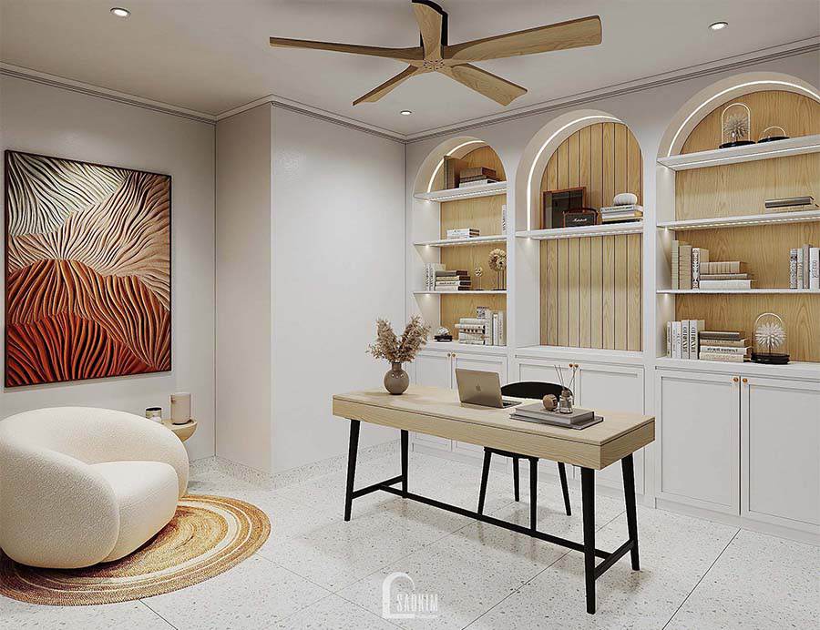 Thiết kế nội thất phòng làm việc tại nhà chung cư Royal City mang vẻ đẹp thanh lịch, trang nhã của phong cách Scandinavian Farmhouse