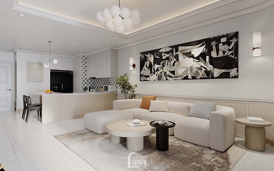 Thiết kế nội thất phòng khách chung cư Royal City mang vẻ đẹp thanh lịch, trang nhã của phong cách Scandinavian Farmhouse