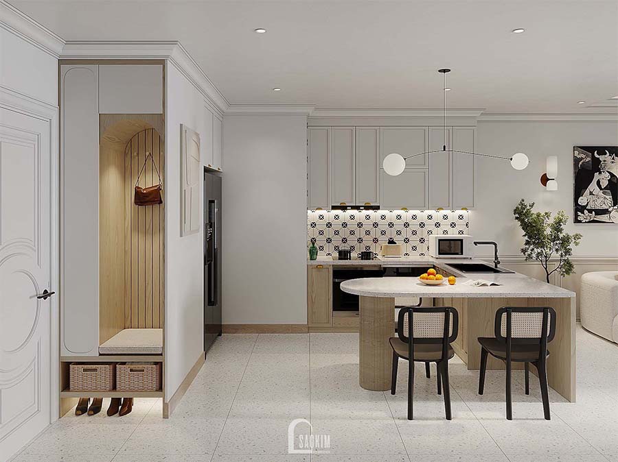 Thiết kế nội thất phòng bếp chung cư Royal City mang vẻ đẹp thanh lịch, trang nhã của phong cách Scandinavian Farmhouse