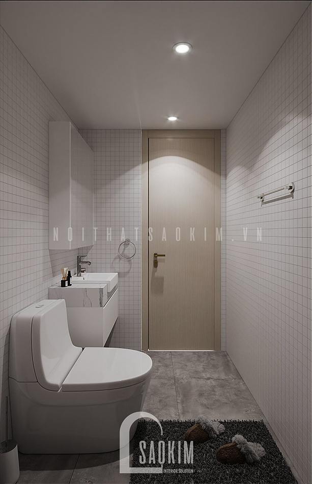 Thiết kế nội thất phòng tắm 1 chung cư Vinhomes Ocean Park gam màu trắng be và bê tông sáng
