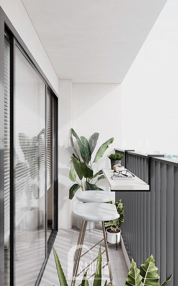 Thiết kế logia xanh mát với bàn treo và ghế bar