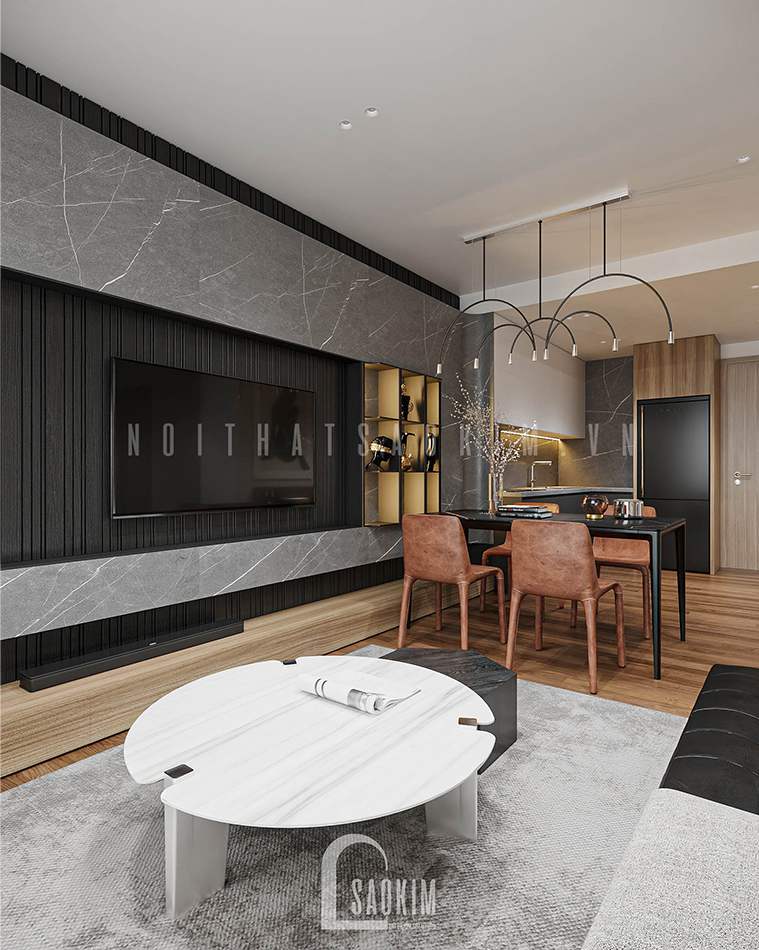 Thiết kế nội thất chung cư Vinhomes Smart City 2 ngủ + 1 bản phối hoàn hảo giữa gam màu nâu gỗ, xám, đen và trắng