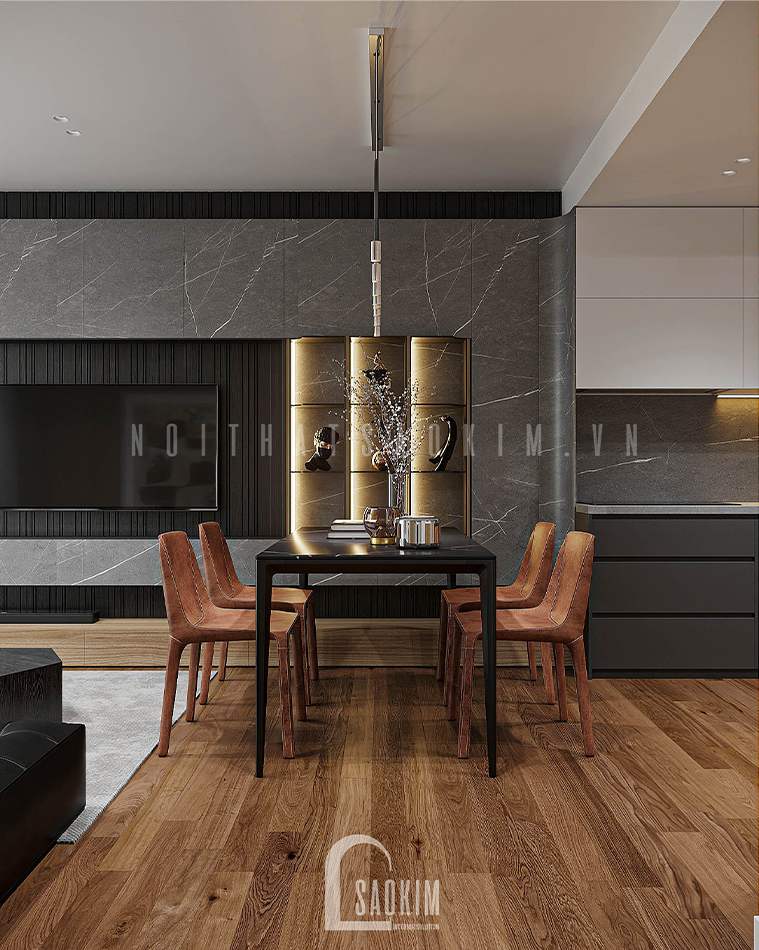 Thiết kế nội thất phòng ăn chung cư Vinhomes Smart City 2 ngủ + 1 bản phối hoàn hảo giữa gam màu nâu gỗ, xám, đen và trắng