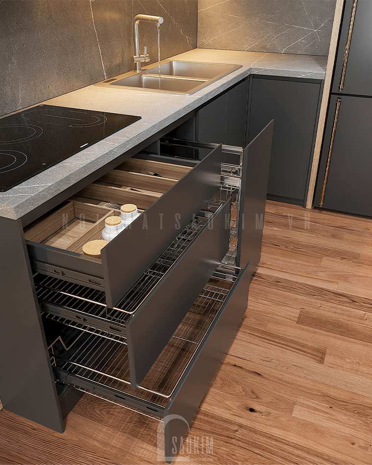 Thiết kế nội thất phòng bếp chung cư Vinhomes Smart City 2 ngủ + 1 bản phối hoàn hảo giữa gam màu nâu gỗ, xám, đen và trắng. Kệ trang trí đẹp cuốn hút và sang trọng