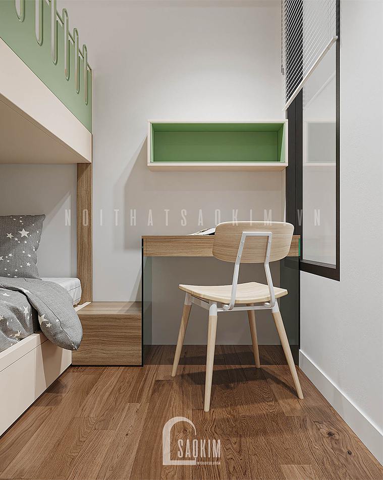 Thiết kế nội thất phòng ngủ cho bé Vinhomes Smart City 2 ngủ + 1 sử dụng hệ giường tầng với gam màu xanh lá và trắng