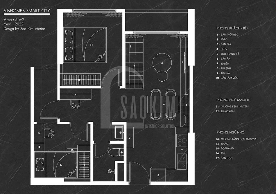 Mạt bằng bố trí thiết kế nội thất Vinhomes Smart City 2 ngủ + 1