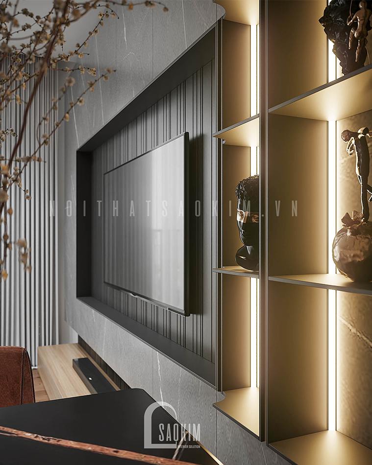 Thiết kế nội thất chung cư Vinhomes Smart City 2 ngủ + 1 bản phối hoàn hảo giữa gam màu nâu gỗ, xám, đen và trắng