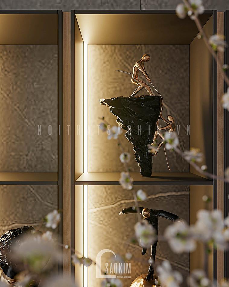 Thiết kế nội thất phòng ăn chung cư Vinhomes Smart City 2 ngủ + 1 bản phối hoàn hảo giữa gam màu nâu gỗ, xám, đen và trắng. Kệ trang trí đẹp cuốn hút và sang trọng