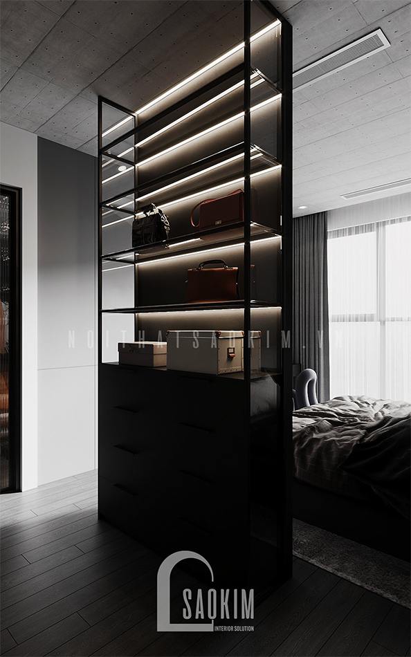 Tủ kệ vừa là nơi bày túi xách vùa đóng vai trò như vách ngắn giữa không gian phòng ngủ và phòng thay đồ