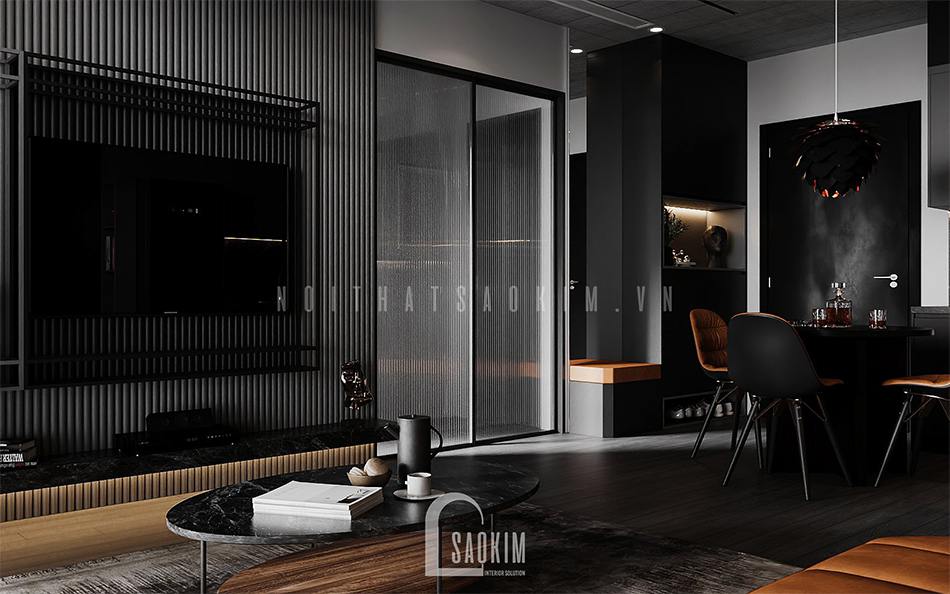 Thiết kế nội thất gam màu đen phòng khách chung cư Vinhomes Ocean Park