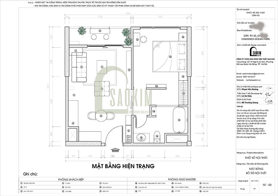 Mặt bằng thiết kế nội thất chung cư Vinhomes Ocean Park 1 ngủ + 1 gam màu đen 