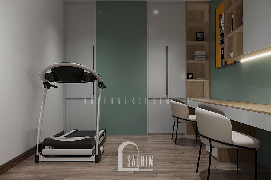 Không gian phòng làm việc cũng được tận dụng làm phòng tập thể dục