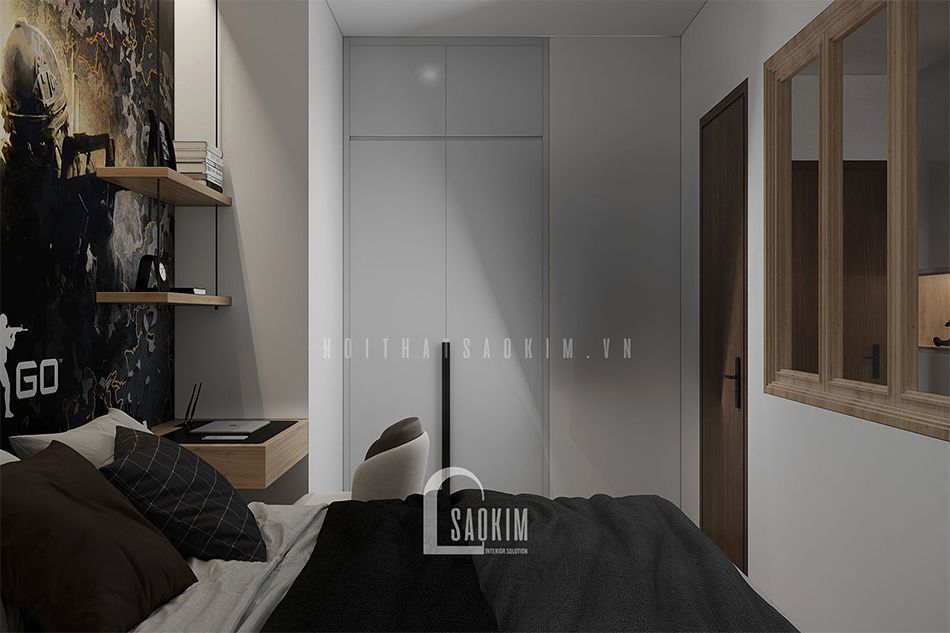Thiết kế nội thất phòng ngủ bé trai Royal City tuy có diện tích nhỏ nhưng vẫn được bố trí đầy đủ nội thất cần thiết