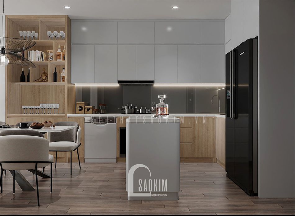 Thiết kế nội thất Royal City lựa chọn gam màu trắng và màu gỗ sáng cho hệ tủ bếp