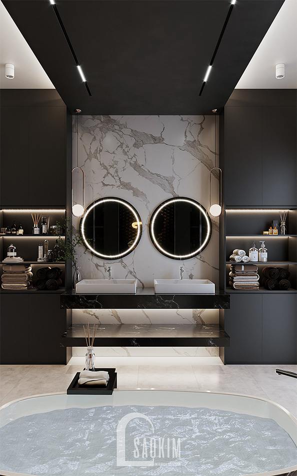 Đá ốp trắng và chậu rửa trắng được sử dụng cho thiết kế phòng tắm này