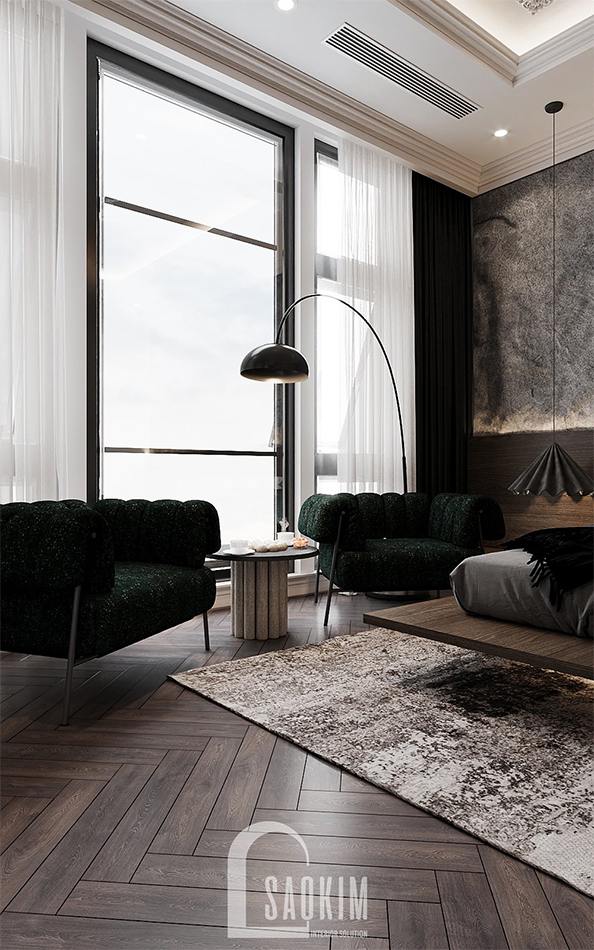 Bộ sofa, bàn trà đặt trong phòng ngủ chính