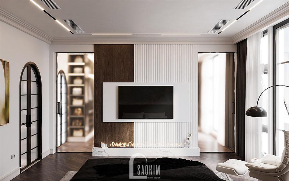 Cuối giường ngủ bố trí bức vách nhỏ ngăn phòng ngủ và phòng thay đồ