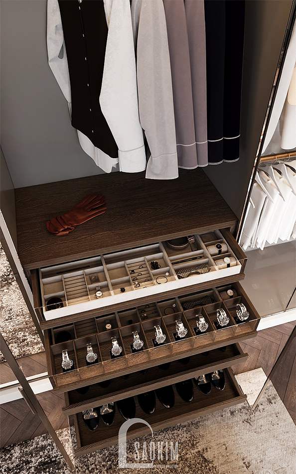 Ngăn tủ chia ô nhỏ để phù hợp với từng món đồ trang sức, phụ kiện