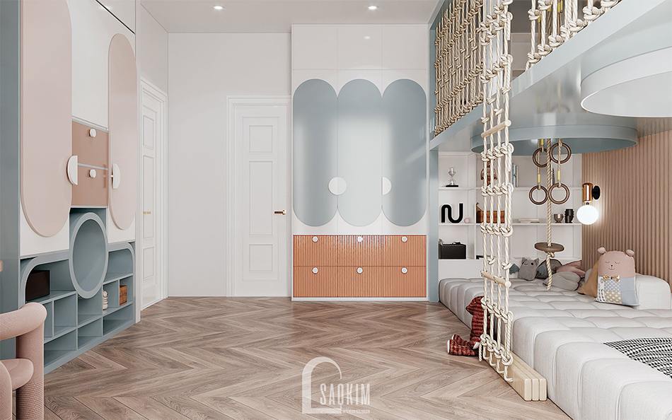 Tủ quần áo với đường cong tinh tế màu xanh dành cho bé trai