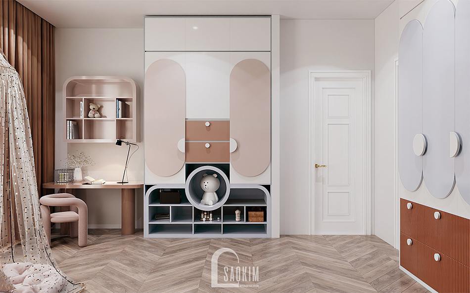 Tủ quần áo của bé gái và góc học tập gam màu hồng pastel