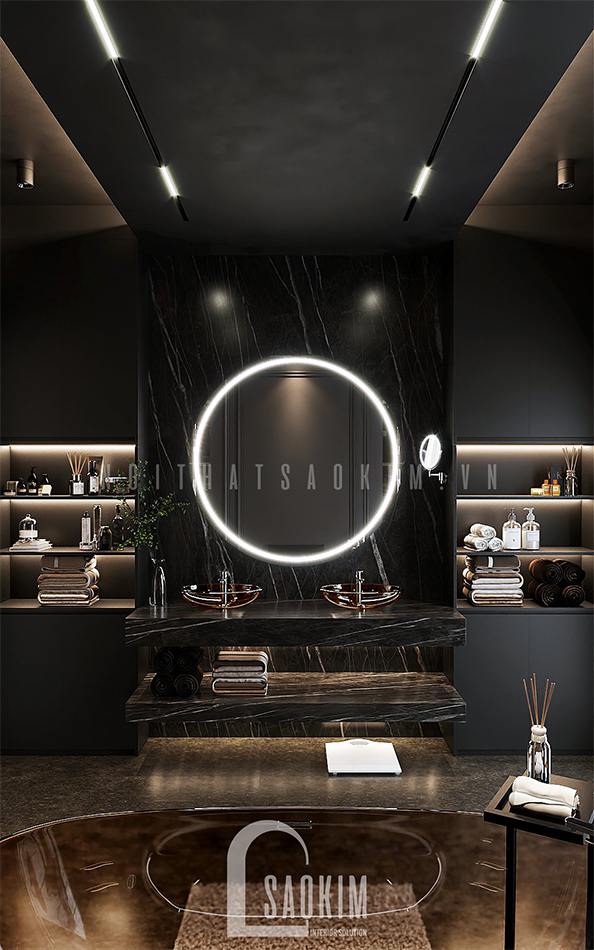 Thiết kế nội thất phòng tắm nhà liền kề Louis City Hoàng Mai sang trọng, đẳng cấp với gam màu đen