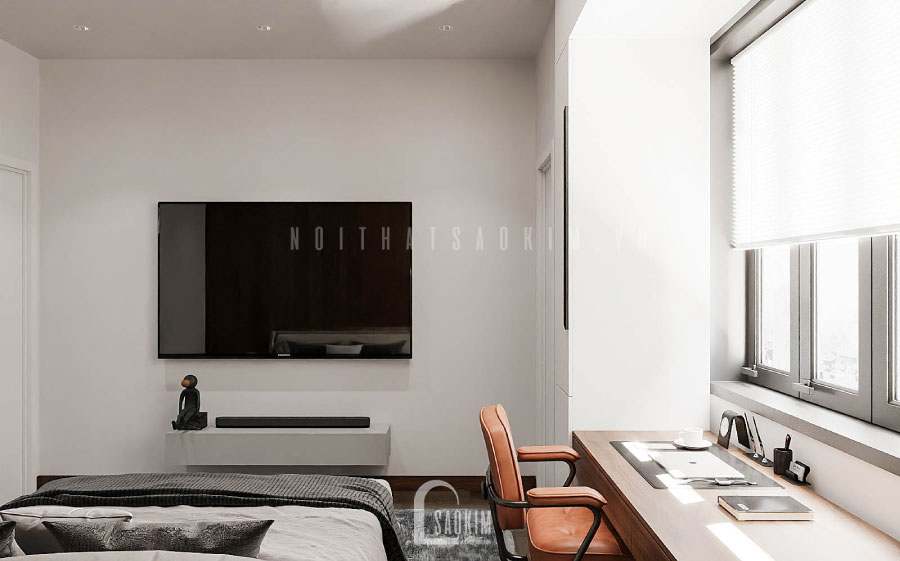 Góc học tập và chiếc tivi cơ lớn để giải trí