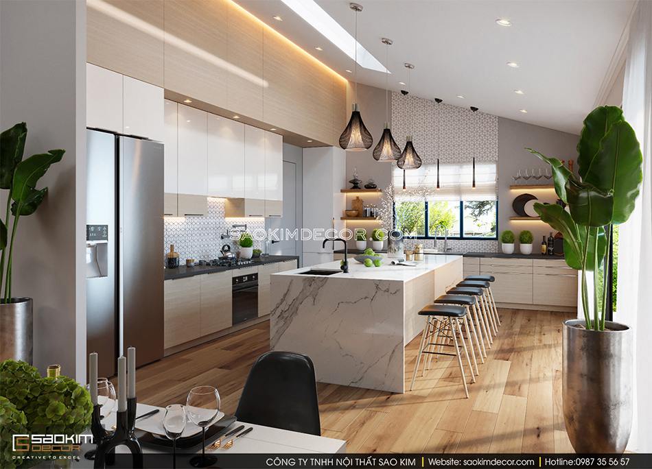 Không gian phòng bếp rộng thoáng, sạch sẽ và hiện đại, tiện nghi